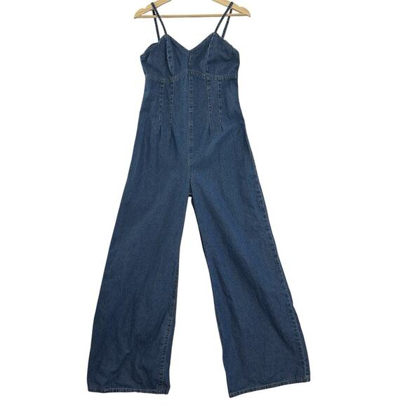 Y2K Denim Wide Leg Jumpsuit Womens M Blue Spaghetti Strap Back Zipper Pockets - Picture 1 of 14